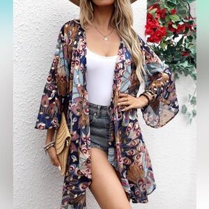 Sheer blue metallic gold peacock floral kimono